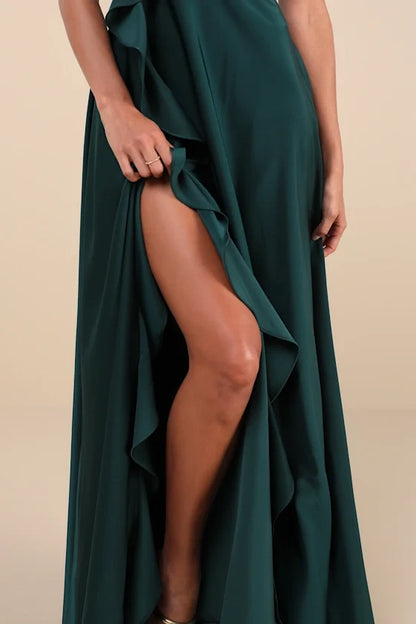 V-neck sleeveless thin shoulder strap with backless side slit ruffle edge and floor length evening dress