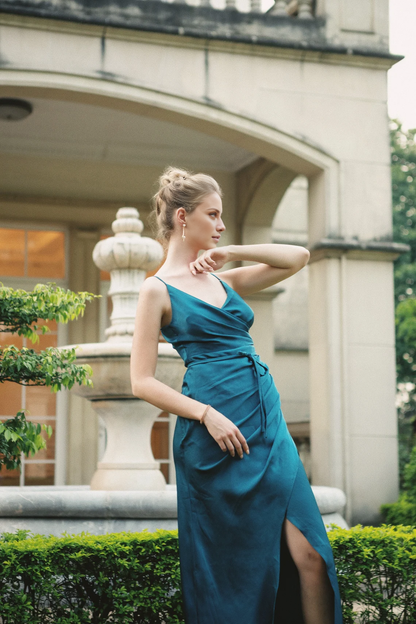 slim shoulder strap V-neck side slit long Prom dress