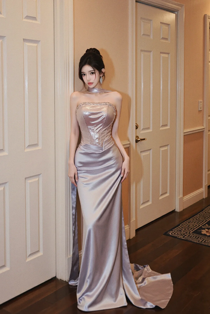 Light purple strapless fitted long ball gown R7528