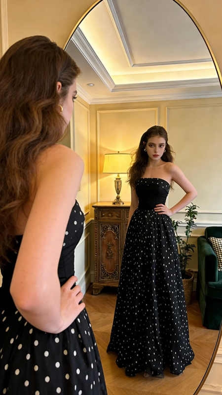 Black strapless polka dot fitted long ball gown/bridal dress R8581