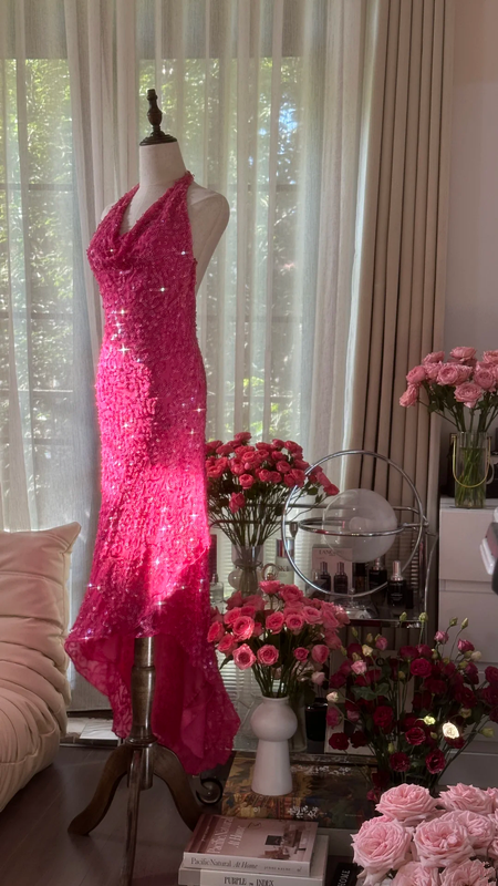 Rose pink halter neck backless sexy long ball gown R7755