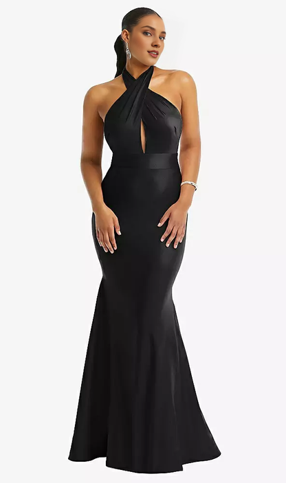 Cross cross hanging neck backless satin mermaid Prom dress