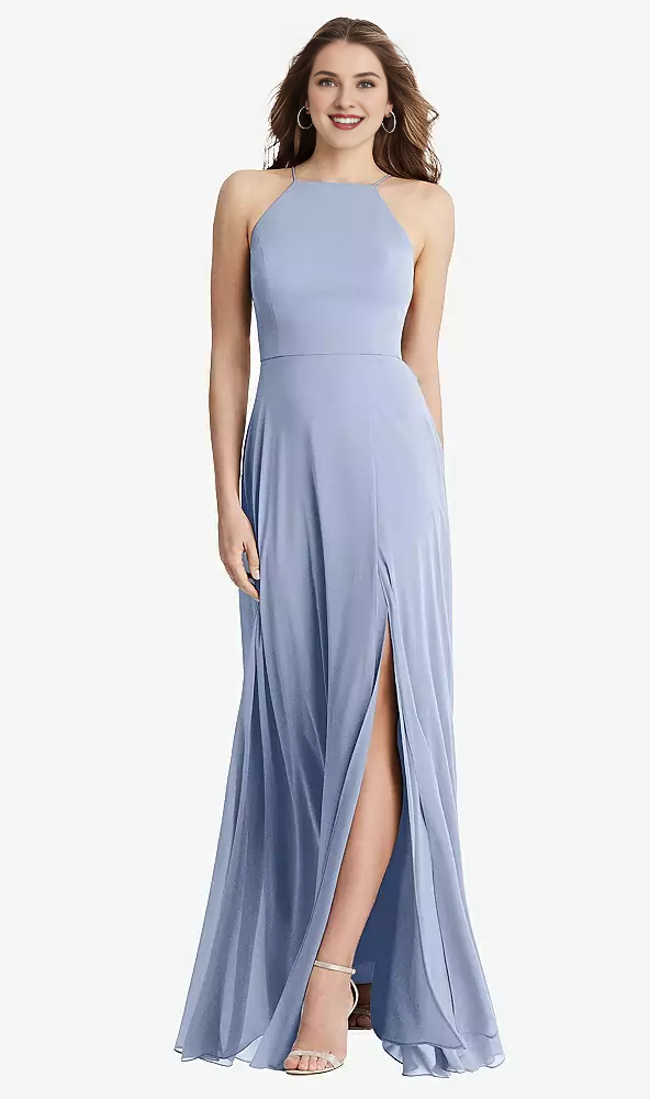 Front slit high neck chiffon long Prom dress