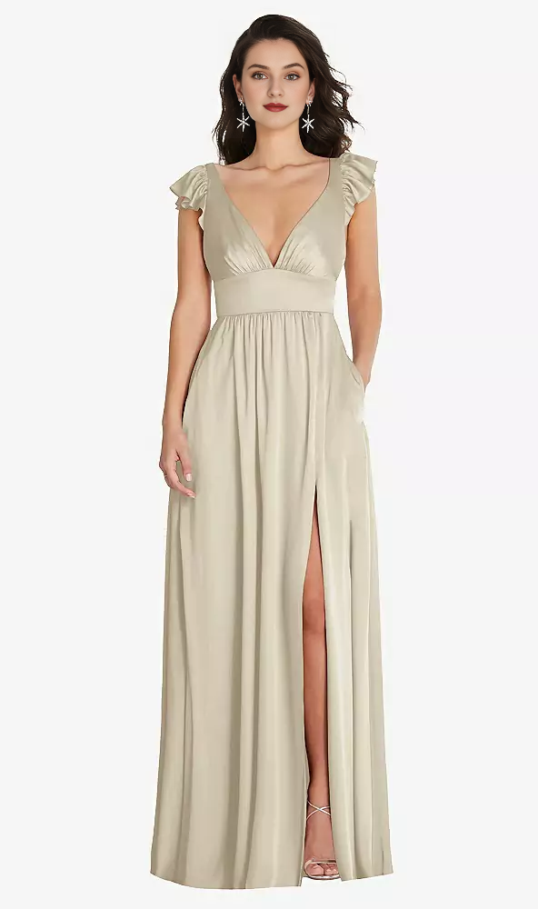 Deep V-neck dual-use shoulder strap with ruffled edge cover sleeve length Prom dress
