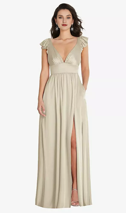 Deep V-neck dual-use shoulder strap with ruffled edge cover sleeve length Prom dress