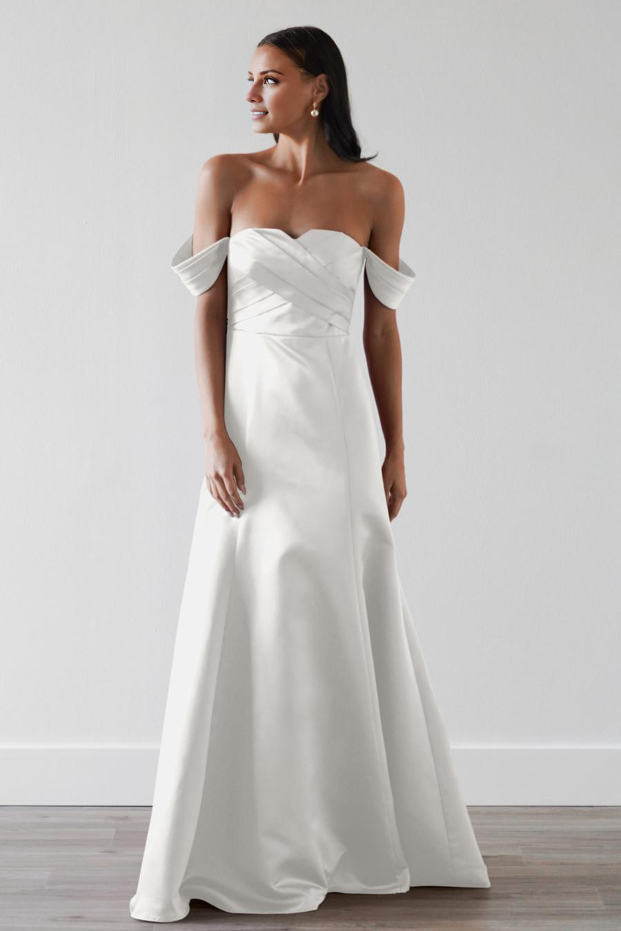off shoulder collar pleated backless and floor length evening dress