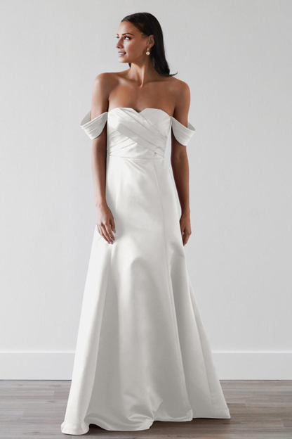 off shoulder collar pleated backless and floor length evening dress