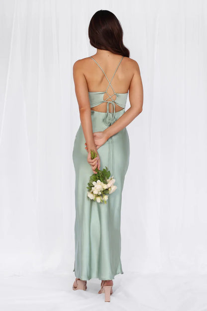 V-neck satin backless side slit long style Prom dress