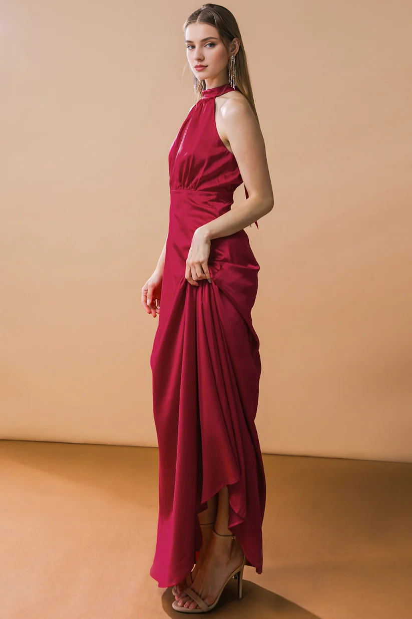 A-line hanging neck collar with exposed back lace up dress