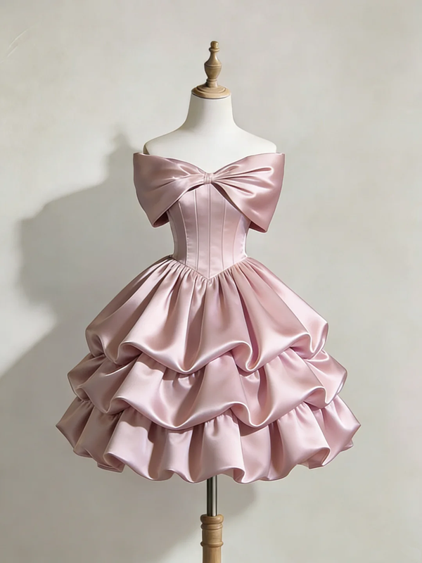 Light pink off-shoulder fitted waist puffy tiered skirt short ball gown R8370