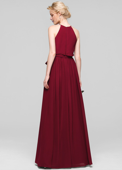 A-line low round neck bow floor mopping chiffon bridesmaid dress