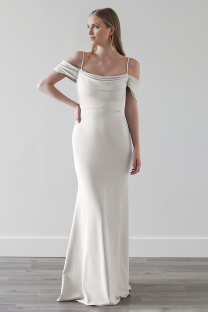 slim shoulder strap with exposed back zipper and floor length evening dress