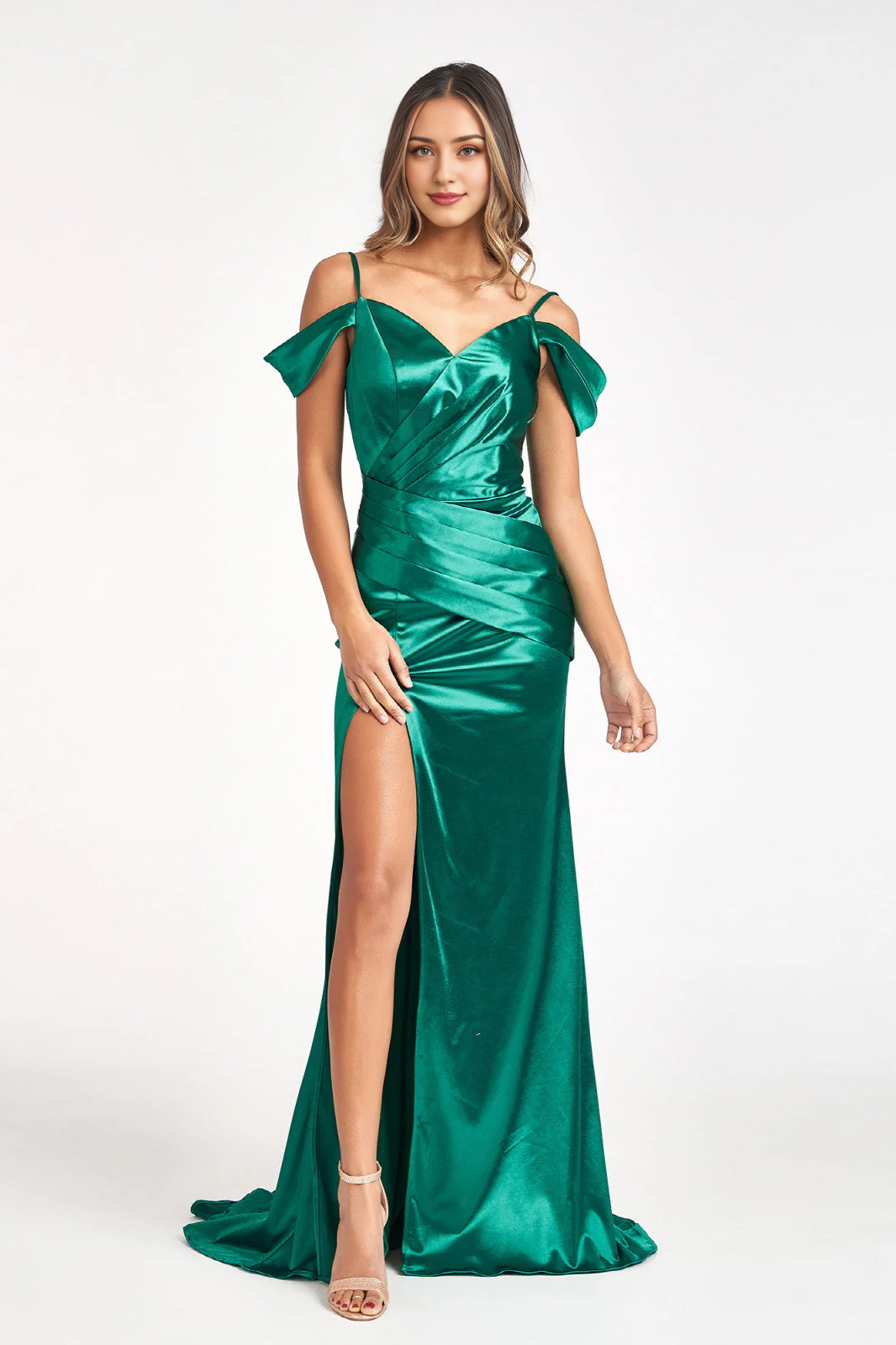 Long cold shoulder slim fit satin dress