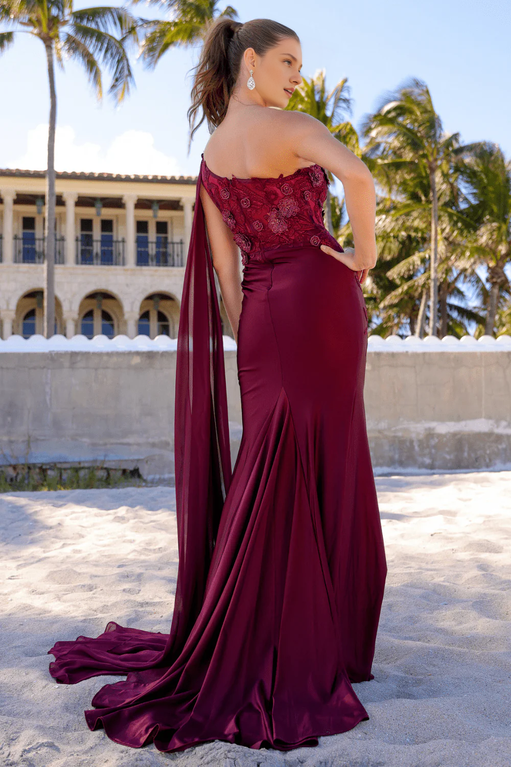 3D floral decal long one shoulder tight corset cloak dress