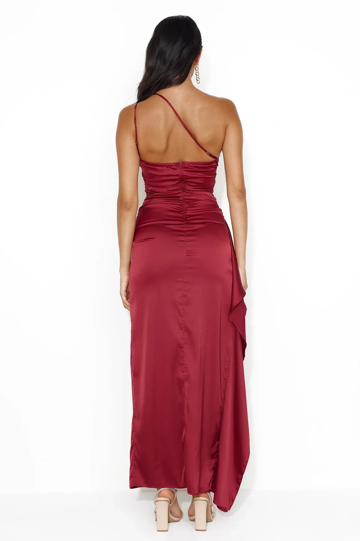 single shoulder backless satin side slit and floor length Prom dress