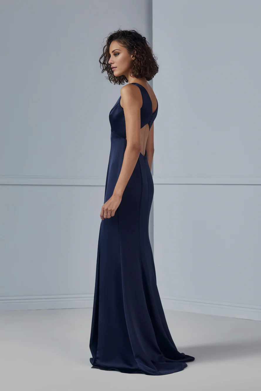 V-neck off shoulder sleeveless backless side slit and floor length Prom dress