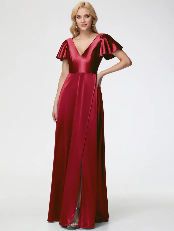 deep V-neck short sleeved satin slit Prom dress