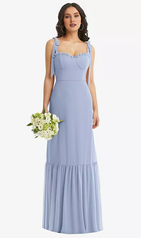 Shoulder tie tight corset ruffled hem Prom dress