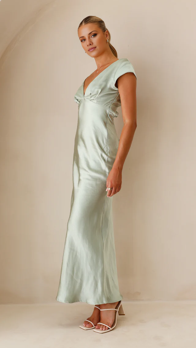 straight V-neck short sleeved and floor length Prom dress