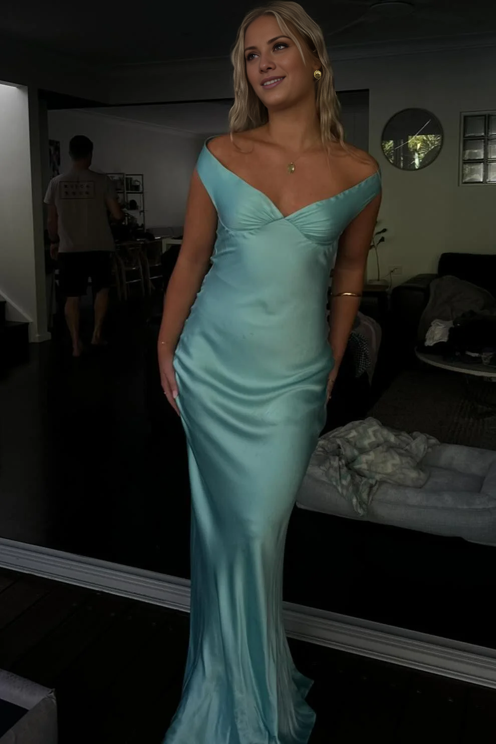 off shoulder navy blue backless straight leg long dress