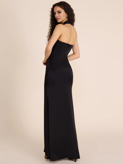 backless collar sleeveless off shoulder side slit long evening dress