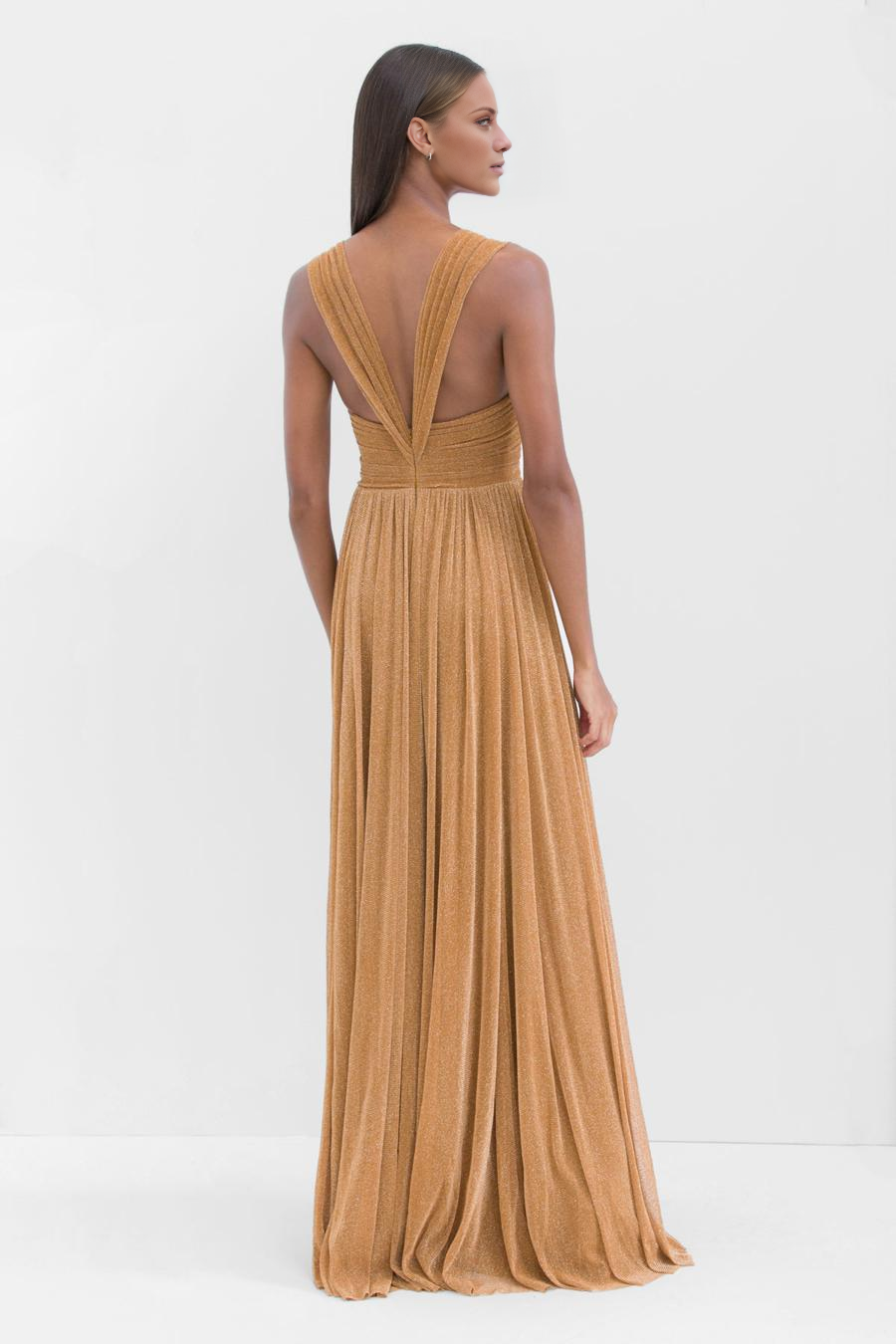 off shoulder collar sleeveless pleated backless and floor length evening dress
