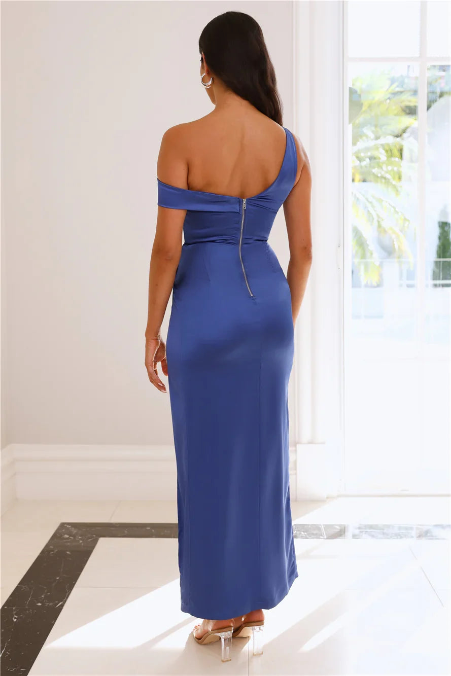 asymmetrical neckline backless satin side slit long Prom dress