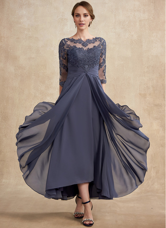 A-line hollow illusion asymmetrical lace chiffon belt with layered ruffles mother of the bride dress
