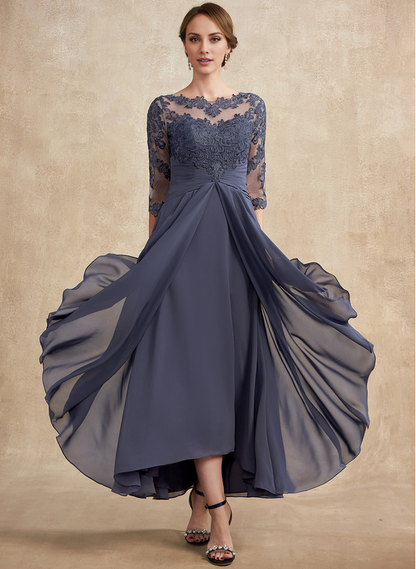 A-line hollow illusion asymmetrical lace chiffon belt with layered ruffles mother of the bride dress