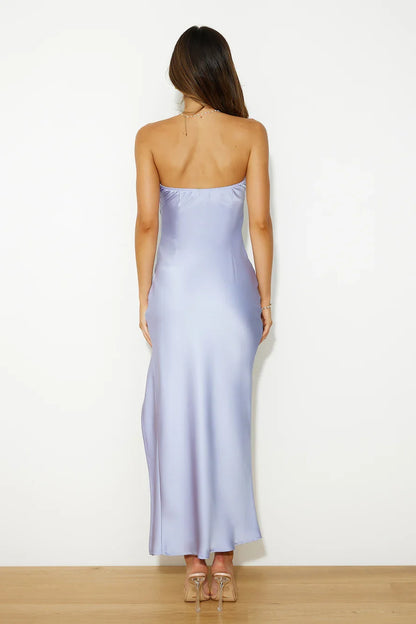 off shoulder collar sleeveless satin side slit long Prom dress
