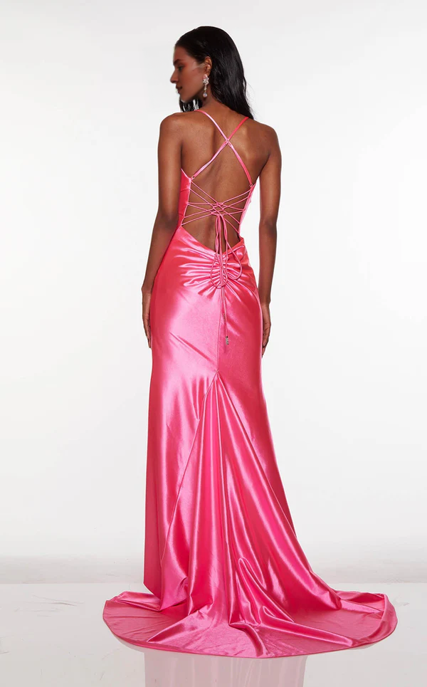 Thin shoulder strap V-neck satin backless high slit and floor length Prom dress