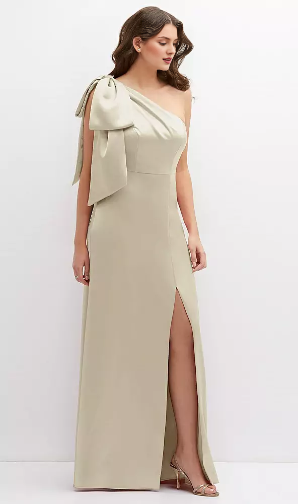 Unique oversized shoulder bow one shoulder satin long Prom dress