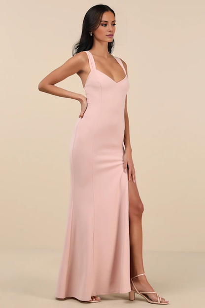 V collar off shoulder sleeveless backless side slit and floor length evening dress