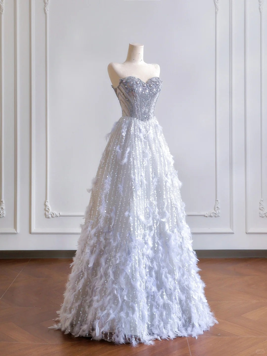 Girlhomeshops--Gray purple gorgeous feather tulle and diamond exquisite beading long tulle prom dress wedding dress gh5486
