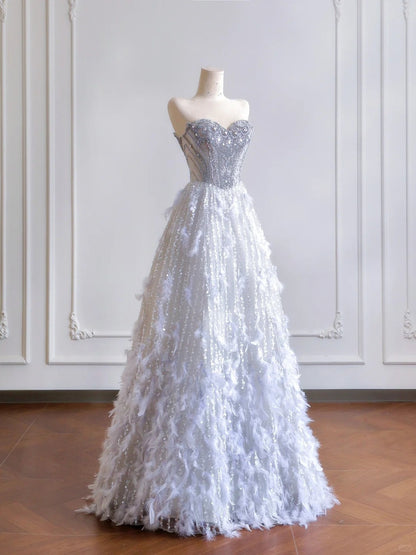 Girlhomeshops--Gray purple gorgeous feather tulle and diamond exquisite beading long tulle prom dress wedding dress gh5486