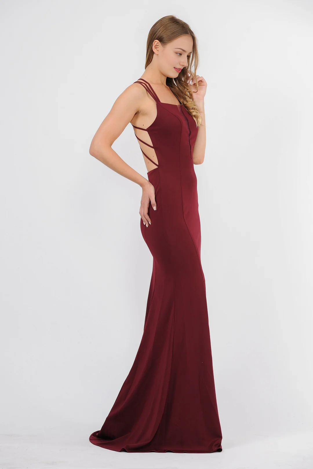 Illusion splicing long lace up backless dress