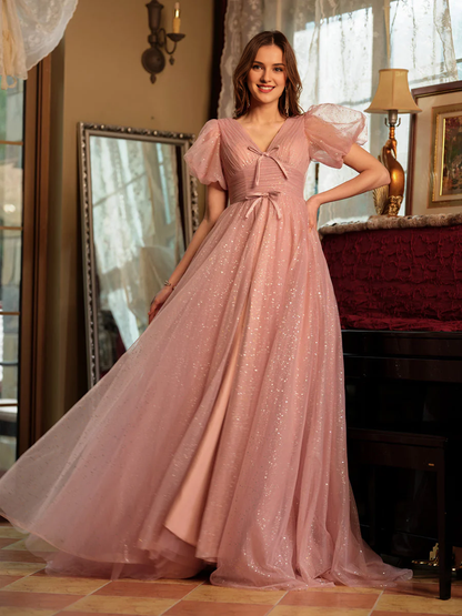 A-shaped princess V-neck slit long bow ball dress