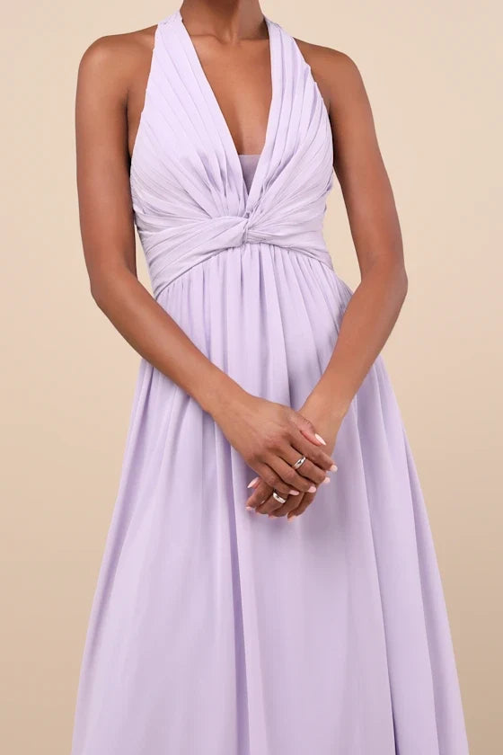 V collar hanging neck off shoulder sleeveless backless side slit and floor length evening dress