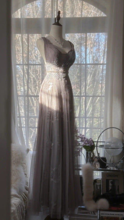 Gray Purple Romantic Fashion Elegant Exquisite Lace Floral Applique Long Tulle Fairy Ball Gown Evening Dress Birthday/Wedding Guest/Holiday Party Dress Prom Dress Valentine's Day Date Dress Bridesmaid Dress gh4031