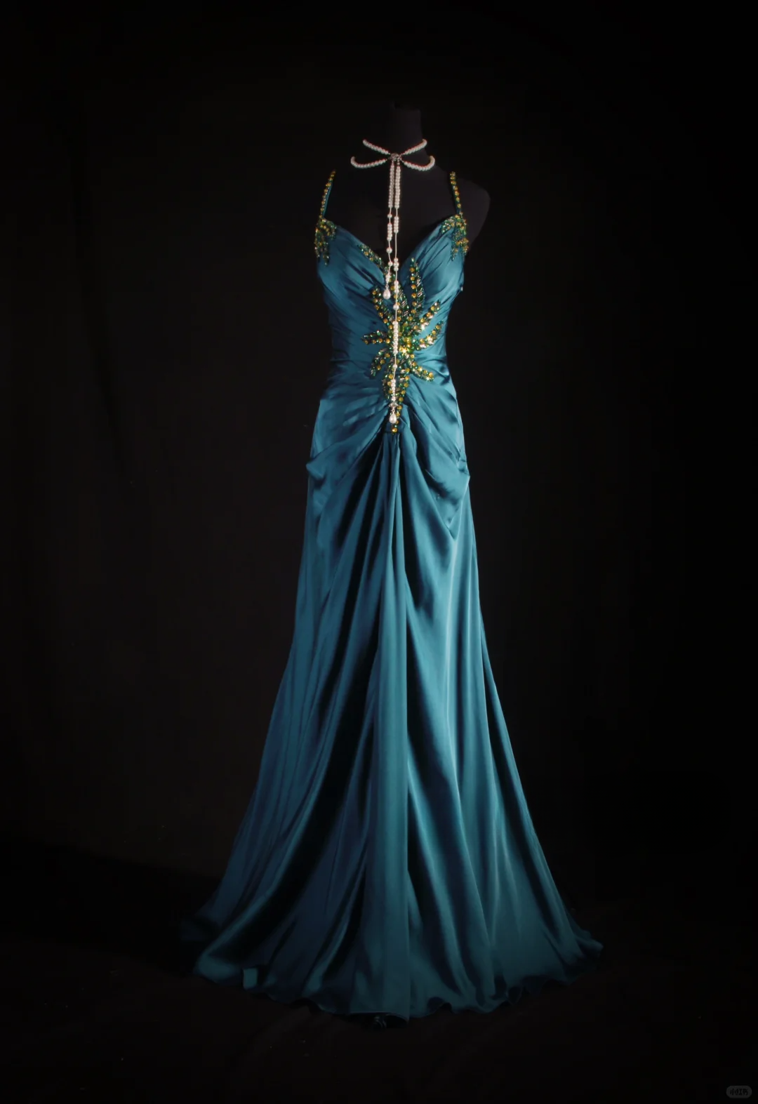 Elegant Teal Satin Spaghetti Strap Beaded Sheath Evening Gown TP5413