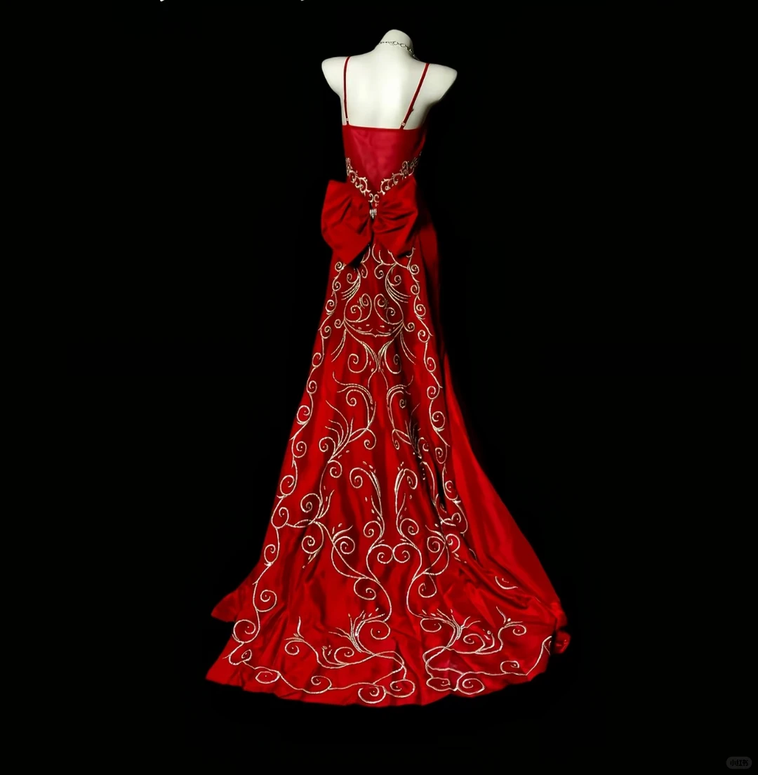 Red Spaghetti Straps Waist-Cinched Fitted Mermaid Evening Dress, Fairy Gown, Romantic Gown gh7364