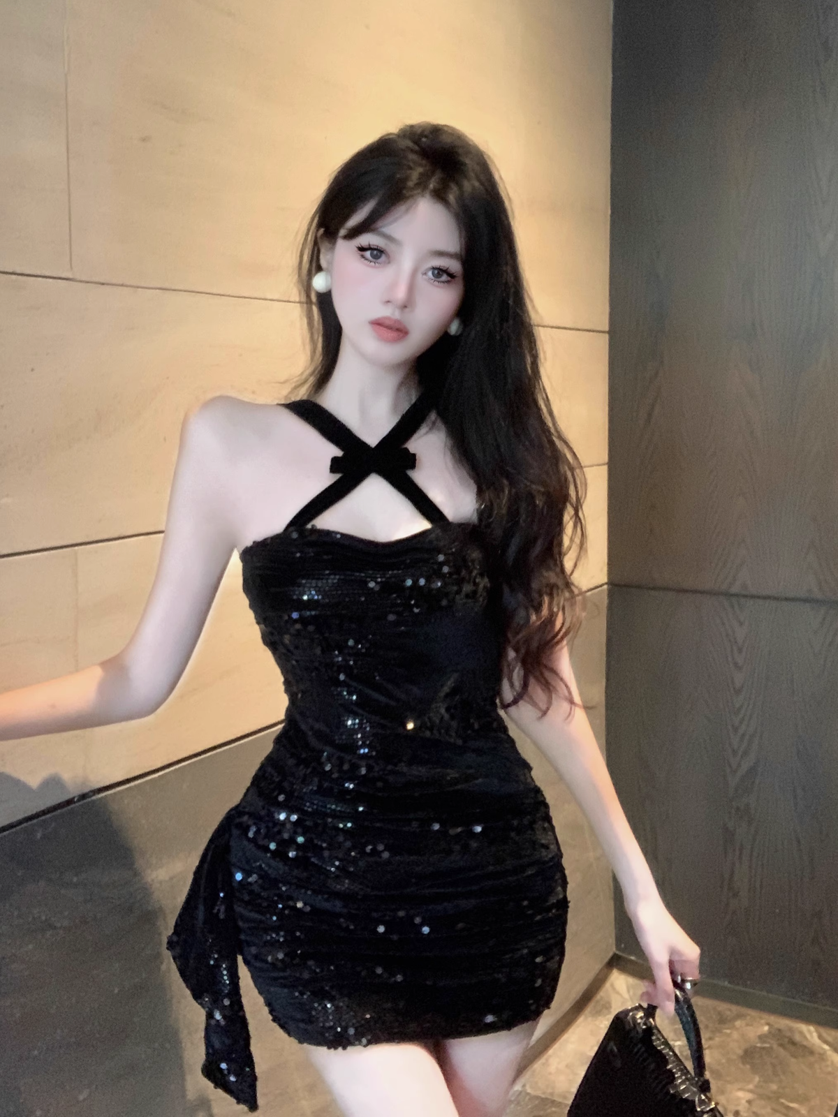 Vintage Black Sequin Design A-line Halter Homecoming Dress TP3715