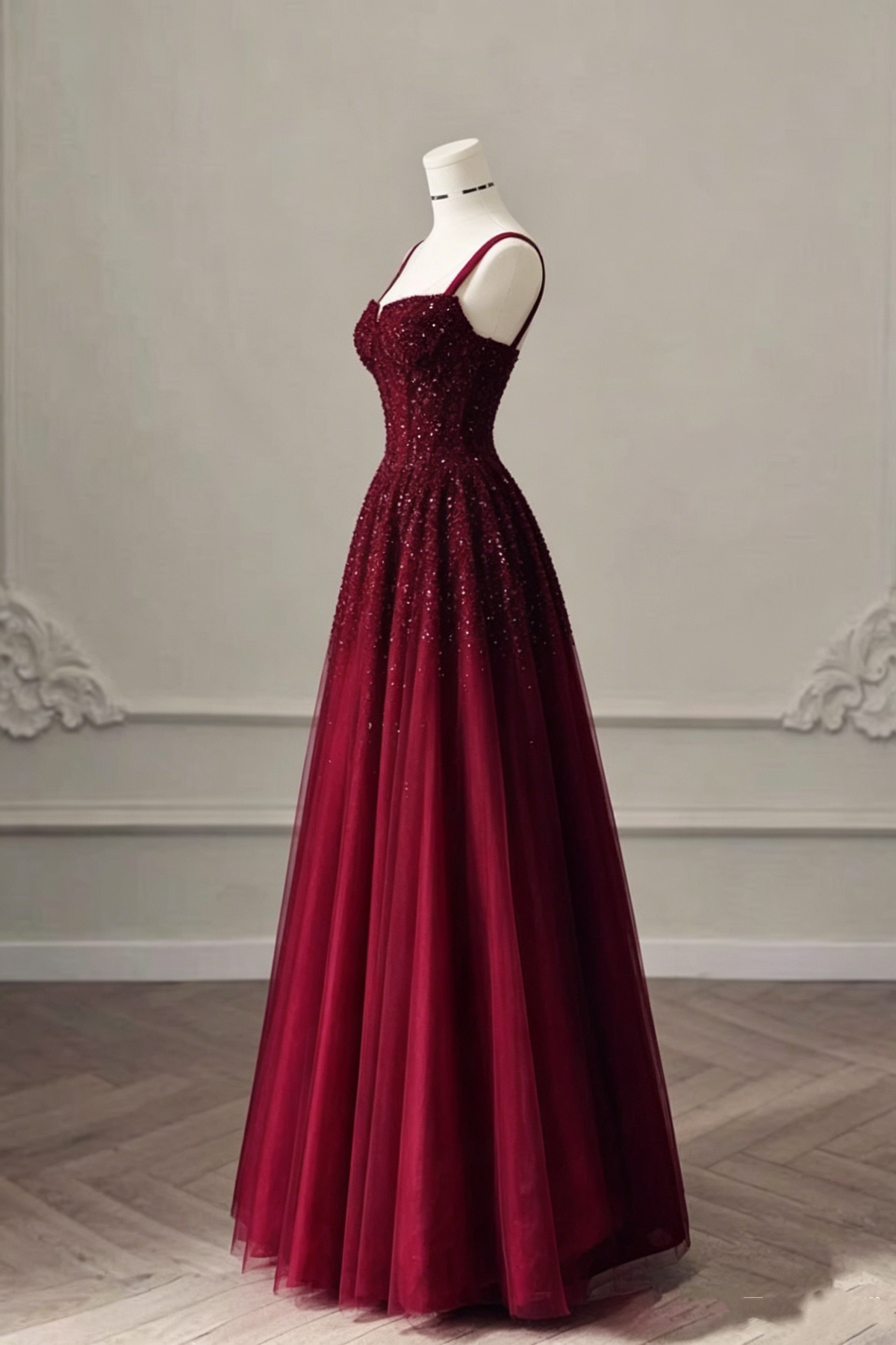 Vintage Burgundy Spaghetti Strap Sweetheart Beaded A-Line Long Prom Dress TP5880