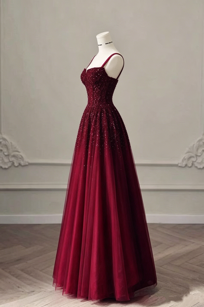 Vintage Burgundy Spaghetti Strap Sweetheart Beaded A-Line Long Prom Dress TP5880