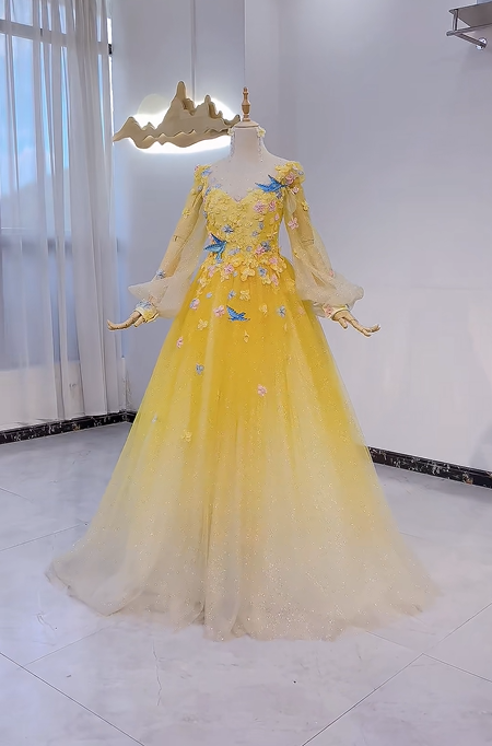 Yellow Gradient Long Sleeve Floral Embellished Long Evening Dress, Fairy Gown, Romantic Gown gh7378