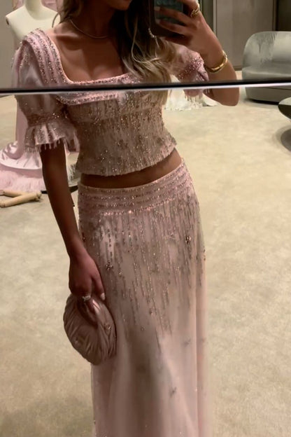 Short-Sleeve Pink Tulle Beaded Two-Piece Gown | Sweet Luxury Square Neck Cutout Maxi Dress for Gala Gathering gh6465