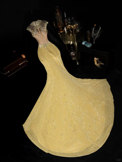 Glamorous Yellow Sequined Beaded Cap Sleeves Mermaid Evening Gown TP5360