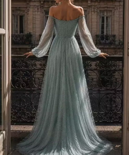 Vintage Dusty Sage Sparkle Tulle Off-the-Shoulder Long Sleeve A-Line Evening Gown TP5899