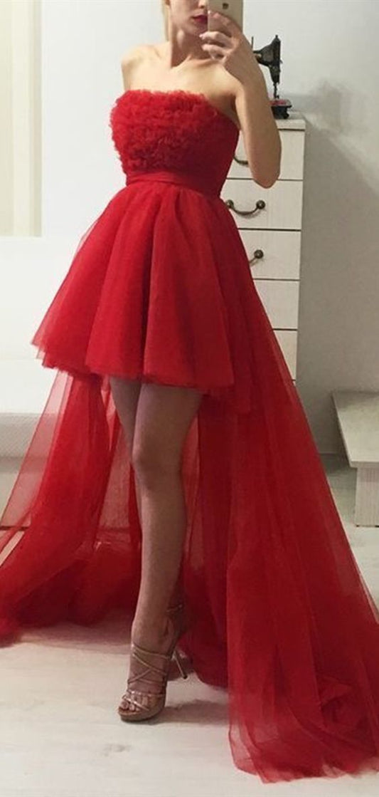 A Line Red High Low Prom Dresses Party Evening Gowns