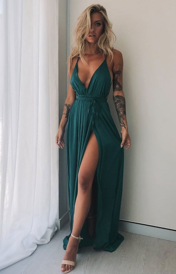 Sexy Green V neck Sheath Long Full Length Evening Party Gown Prom Dress